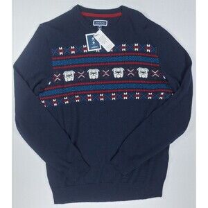 Club Room Men's Medium Bulldog Winter Sweater Navy Blue Merino Wool Blend